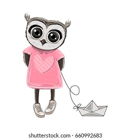 Vector illustration with cute owl in pink dress.