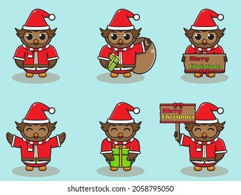 Vector illustration of cute Owl Santa mascot or character. Christmas design element. Vector illustration isolated on light blue background