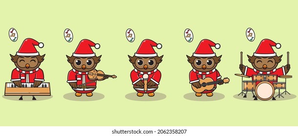 Vektorgrafik von Cute Owl Santa Claus spielen ein Musikinstrument. Gut für Ikone, Label, Aufkleber, Clipart.