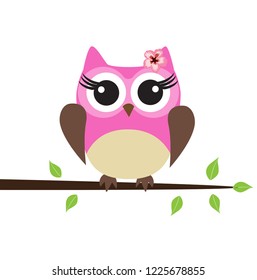 vector illustration of cute owl sitting in the tree.