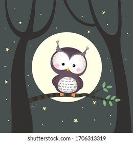 Vector illustration cute owl sitting on a tree branch with moon and stars at night.