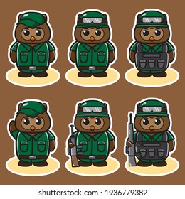Vector illustration of cute Owl Soldier set. Good for icon, logo, label, sticker, clipart.