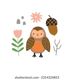 Vector illustration with a cute owl surrounded by forest elements on a white background for your design