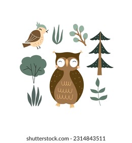 Ilustración vectorial con un bonito búho rodeado de elementos forestales sobre un fondo blanco para su diseño