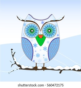 Vector illustration of cute owl that sits on a branch in the winter.
