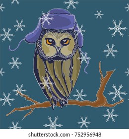 Vector illustration of cute owl in winter hat with ear flaps
, sitting on a branch. Winter night with snowflakes.