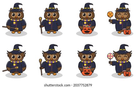 Vector illustration of cute Owl with Wizard costume. Owl character vector design. Good for label, sticker, clipart.