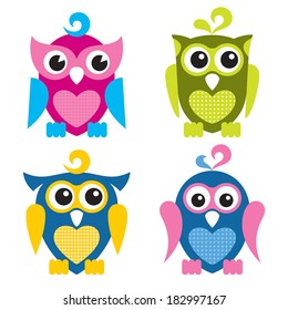 Vector illustration of cute owls, isolated on white background