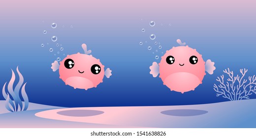 Vector illustration of a cute pair of hedgehog fish