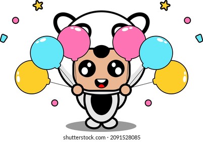 vector illustration of cute panda animal mascot costume cartoon character holding birthday balloon