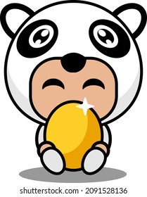 vector illustration of cute panda animal mascot costume cartoon character holding golden egg