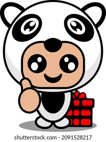 vector illustration of cute panda animal mascot costume cartoon character holding a gift