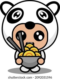 vector illustration of cute panda animal mascot costume cartoon character eating noodles