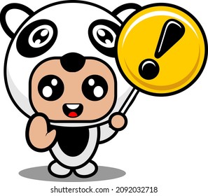 vector illustration of cute panda animal mascot costume cartoon character holding a warning sign