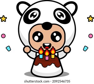 vector illustration of cute panda animal mascot costume cartoon character with birthday cake