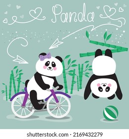 Vector illustration, cute panda with bamboo, panda lettering, panda rides a bike.