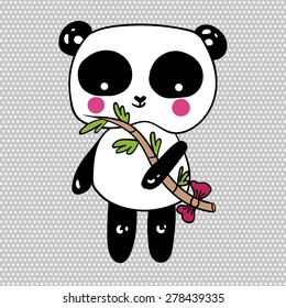 vector illustration of a cute panda with a bamboo branch in the hands, on light  background