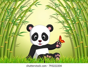 vector illustration of cute panda in a bamboo forest