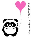 Vector illustration of cute panda bear with pink heart balloon silhouette. Logo design template. Funny lazy Panda animal icon logotype concept.