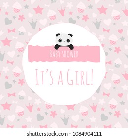 Vector Illustration With Cute Panda Bear On Pink Background And Text, Perfect Stuff For Greeting Cards, Party Invitations, Baby Shower, Etc.