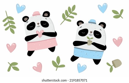 vector illustration of cute panda bear boy and girl, collection of images bears and love hearts, eucalyptus and bamboo leaves, love between animals, panda holding heart, panda and flower pot