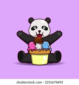 Vector illustration of cute Panda being happy with an ice cream basket.