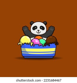 Vector illustration of cute panda with bowl of ice cream. Mascot Panda and ice cream. Ice cream shop mascot.