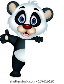 vector illustration of cute panda cartoon posing with blank sign