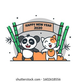 Vector Illustration Cute panda and cat are celebrating new year flat cartoon style