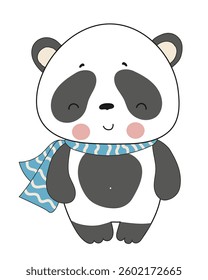 Vector illustration of a cute panda character with a blue wavy scarf, smiling and standing on a white background.