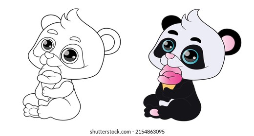 Ilustración vectorial de un panda lindo, libro de colorear con animales, dibujo de color panda y blanco y negro.