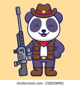 Ilustración vectorial del Panda lindo como un vaquero sosteniendo un arma de francotirador al estilo plano de caricatura