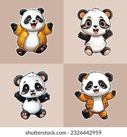 Vector illustration of cute panda dancing sticker set
