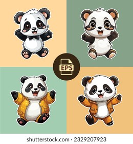 Vector Illustration Of Cute Panda Dancing Sticker Set