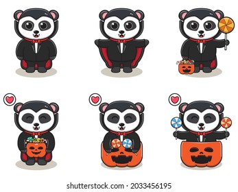 Ilustración vectorial de la linda Panda con traje de Drácula. Diseño vectorial de caracteres panda. Es bueno para la etiqueta, pegatina, clipart.