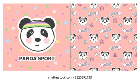 Vector illustration of a cute Panda face. Greeting  card and seamless pattern.