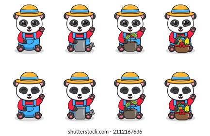 Vector Illustration of Cute Panda with Farmer costume sitting and hand up pose. Set of cute smile Panda characters. Flat icons in cartoon style.