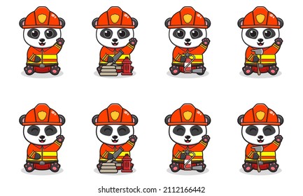 Vector Illustration of Cute Panda with Firefighter costume sitting and hand up pose. Set of cute smile Panda characters. Flat icons in cartoon style.