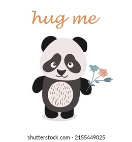 Vector illustration of a cute panda with flowers, the inscription hug me