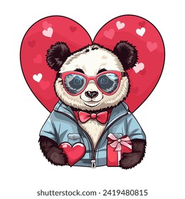 Vector illustration with a cute panda with glasses holding a heart and a gift. Can be used for a romantic card or sticker for Valentines Day or birthday.