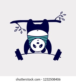 vector illustration of a cute panda goes in for sports, a young bear hangs on a branch upside down, holds a barbell in its paws, a cool print on children's clothes