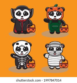 Vector illustration of cute Panda Halloween cartoon. Dracula, Pumpkin, skeleton and Mummy costume set. Good for icon, logo, label, sticker, clipart.