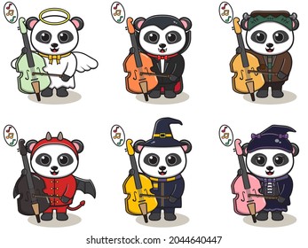 Vector illustration of cute Panda with Halloween costume playing Cello. Panda character vector design. Good for label, sticker, clipart.