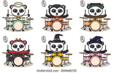 Vector illustration of cute Panda with Halloween costume playing Drum. Panda character vector design. Good for label, sticker, clipart.
