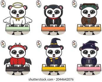 Ilustración vectorial de la linda Panda con disfraz de Halloween jugando Teclado. Diseño vectorial de caracteres panda. Es bueno para la etiqueta, pegatina, clipart.