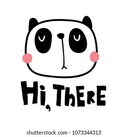vector illustration, cute panda and hand lettering hi there text
