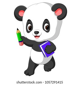 vector illustration of cute panda holding pencil and book
