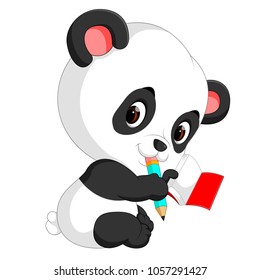 vector illustration of cute panda holding pencil and book