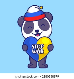 Vector Illustration of Cute Panda Holding Heart of Ukraine Flag with Stop War Text in Cartoon Flat Style