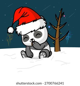 Ilustración vectorial de un panda lindo que celebra alegremente las Navidades y el Año Nuevo bajo un árbol de Navidad brillante decorado con luces de colores.